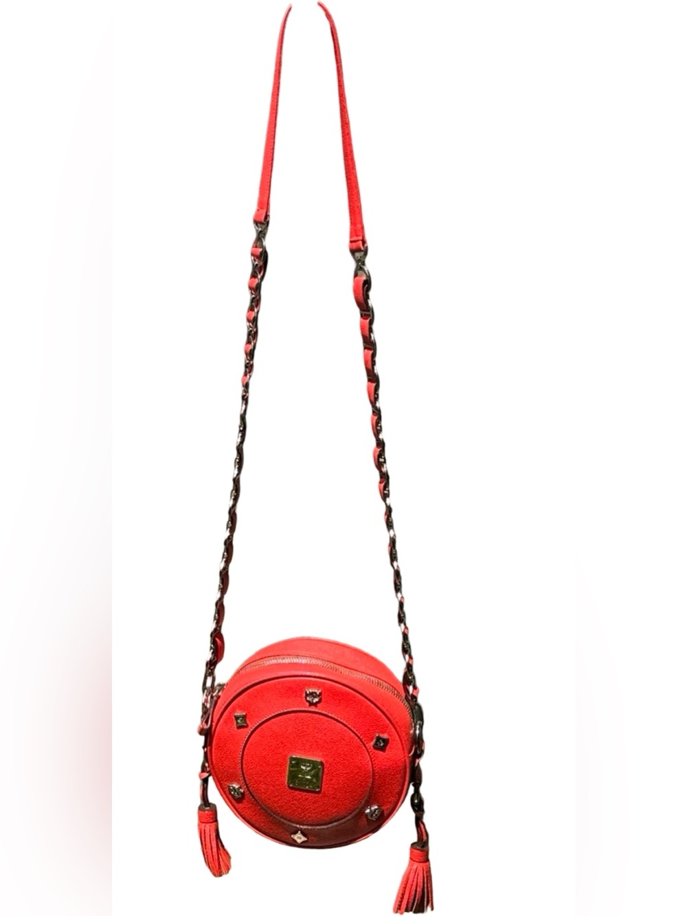 VTG MCM Red Grained Leather Round Tambourine Crossbody Bag Silver Studded - Picture 5 of 16